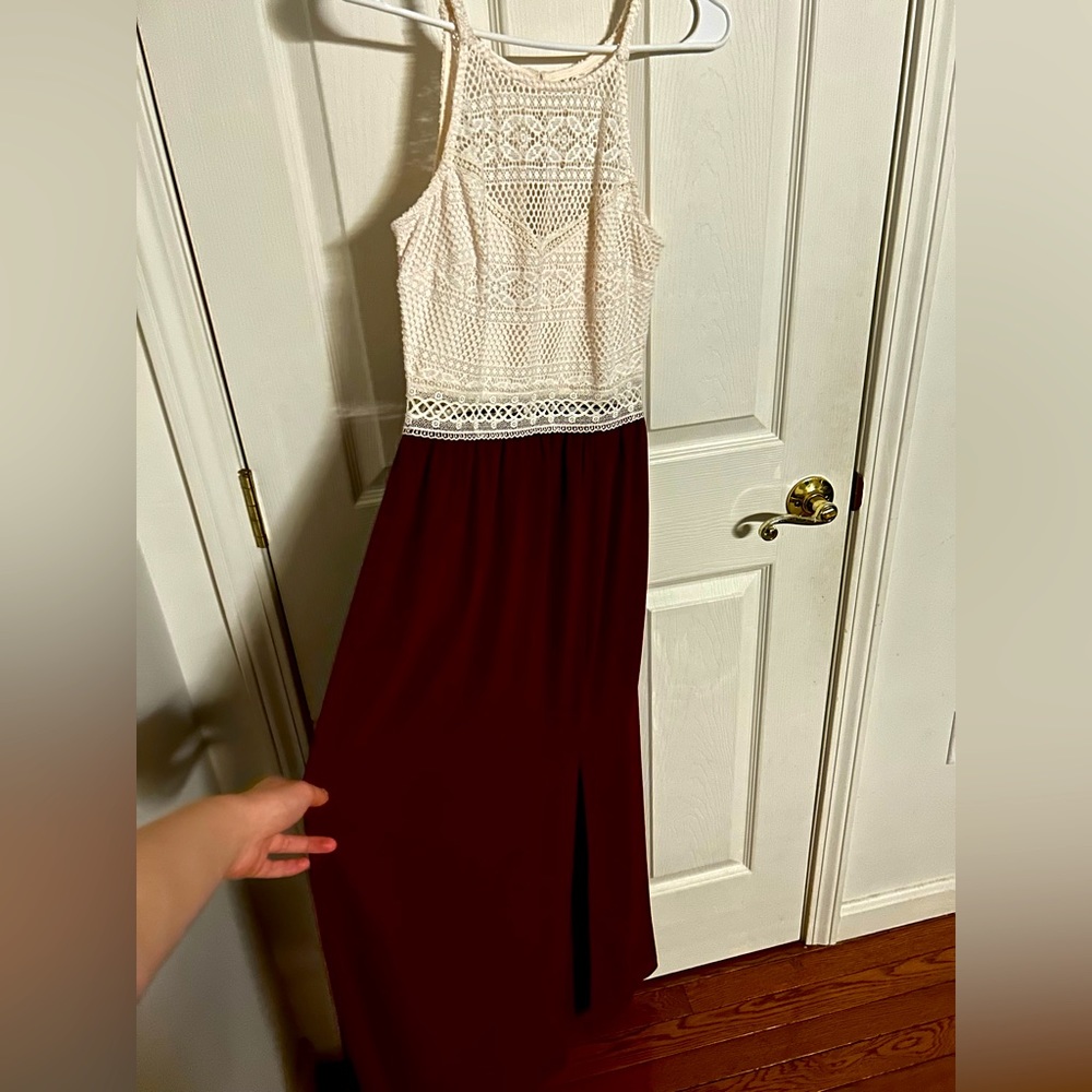Maroon and cream long dress with thigh slit